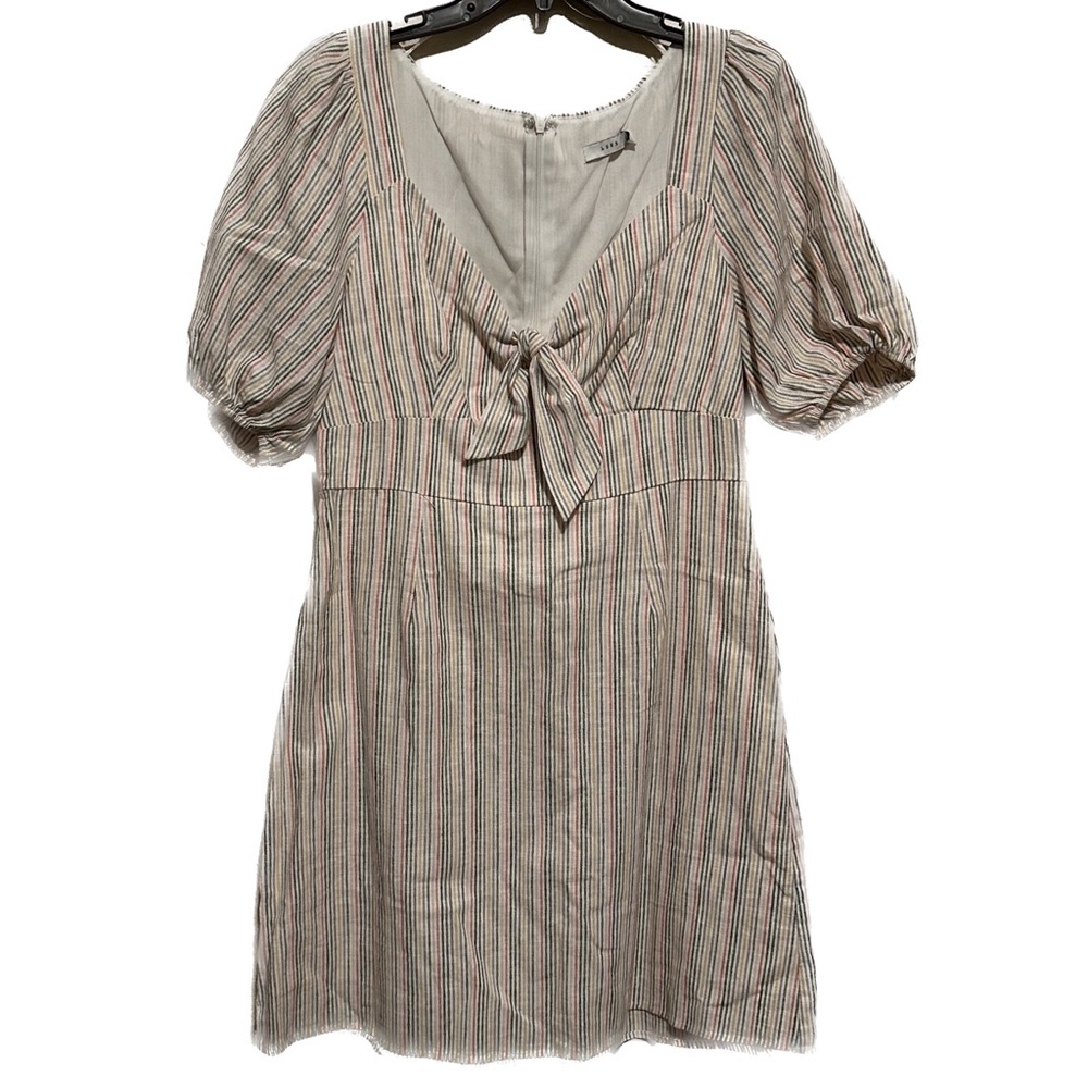 Lush Linen Blend Striped Mini Dress with Keyhole and Puff Sleeves size L…